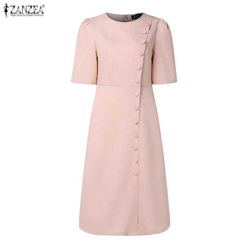 ZANZEA Women Casual Round Neck Elegant Summer Short Sleeve Dress