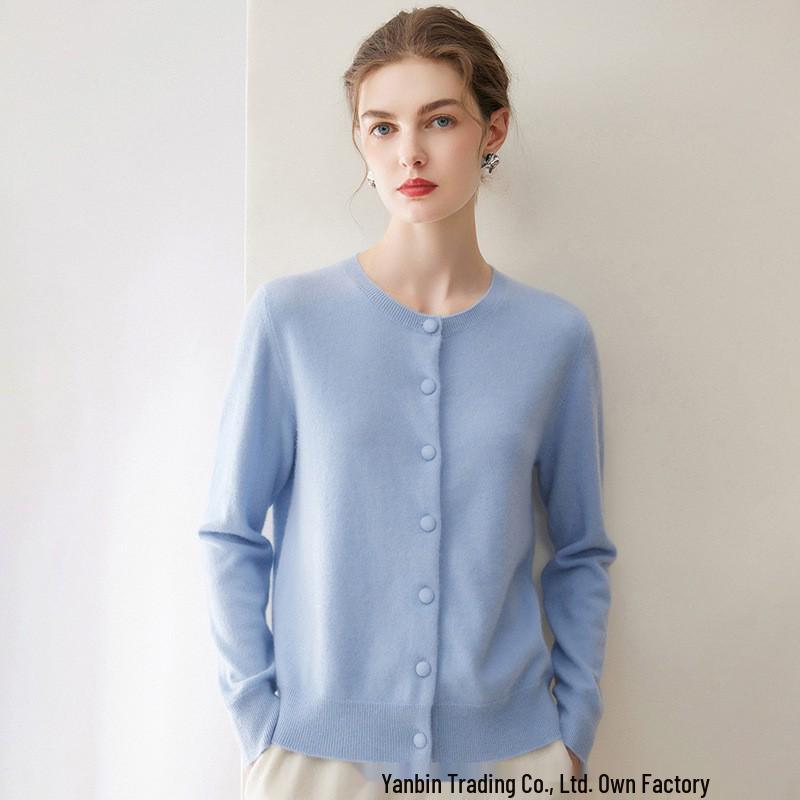 Women's Pure Cashmere Button-Up Round Neck Cardigan Sweater - Autumn/Winter Collection