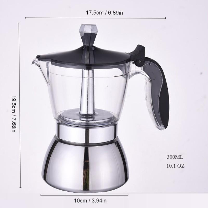 200ML/300ML Portable Transparent Visible Mocha Pot Household Brewing Coffee Pot Stainless Steel Espresso Maker