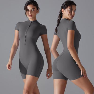 Nude Feel Stand-Up Collar One-Piece Yoga Bodysuit with Half-Zip & Short Sleeves