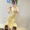 Silk Luxury Low-Cut Mesh Bandage Dress with Gold Waist for Evening Party