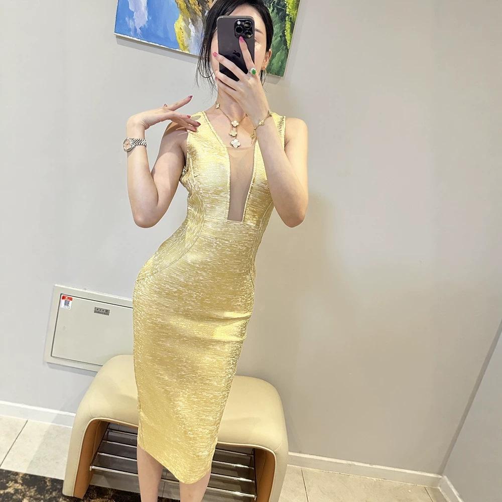 Silk Luxury Low-Cut Mesh Bandage Dress with Gold Waist for Evening Party