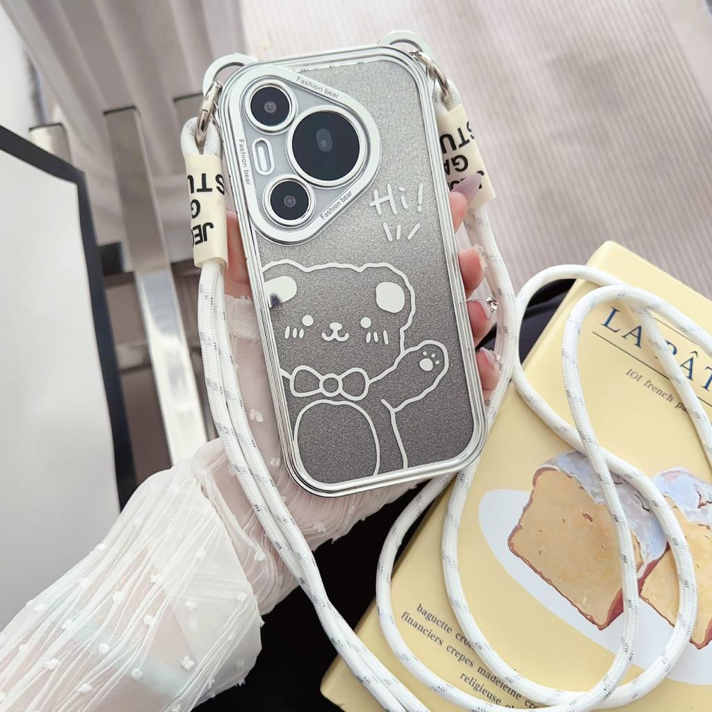 Cute Cartoon Bear Oblique Span Lanyard Suitable for Huawei Pura70pro Electroplated Mobile Phone Case Mate60 Three-dimensional Women