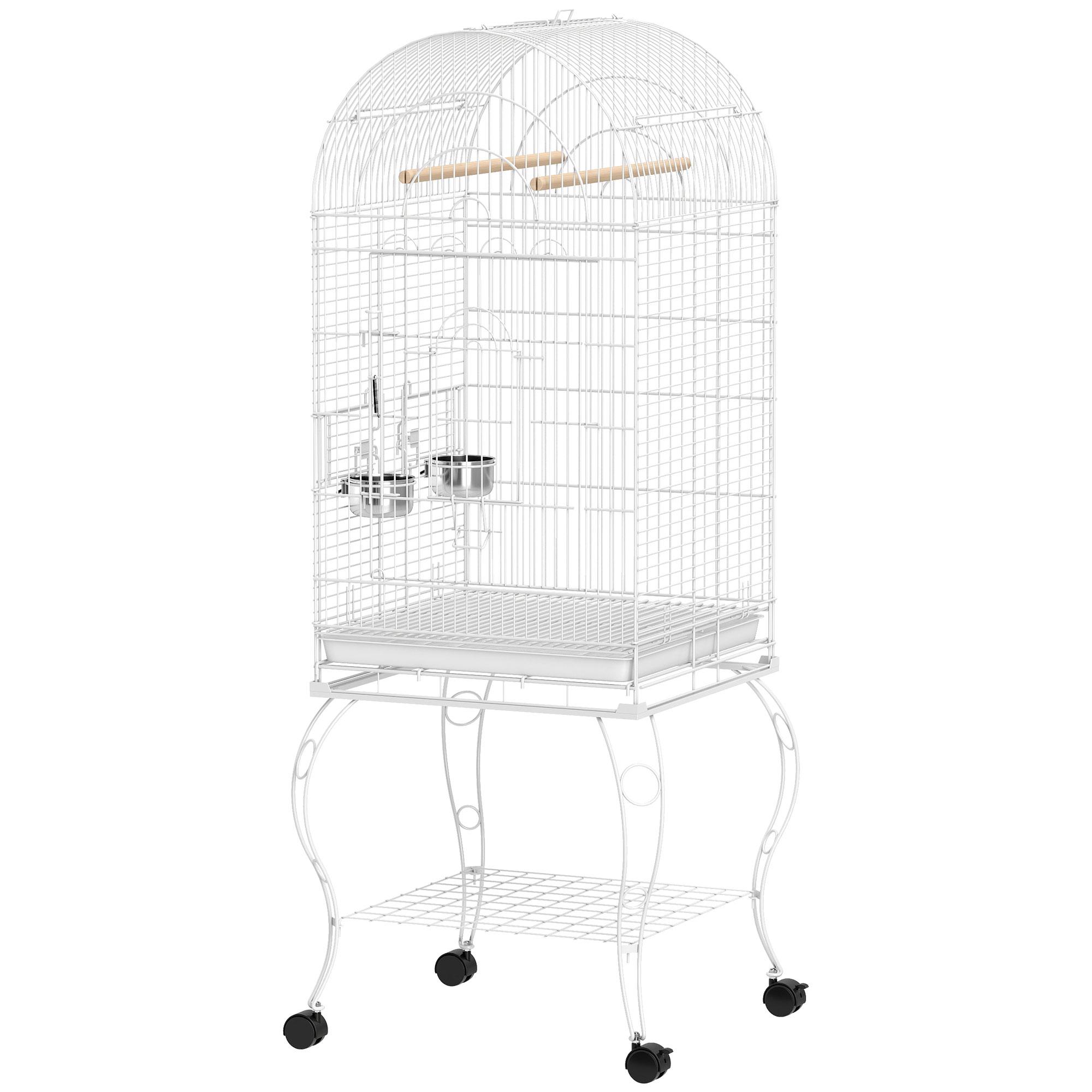 Cage à oiseaux avec roulettes et étagère 51x51x153 cm avec toit articulé, mangeoires et plateau amovible Blanc