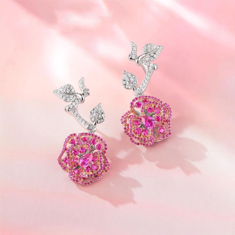 Women's Luxury Bracelet Set with Red Corundum Rose Necklace Gemstone Earrings Camellia Bangle