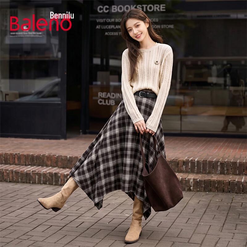 Baleno Retro Plaid High-Waisted Asymmetrical Maxi Skirt