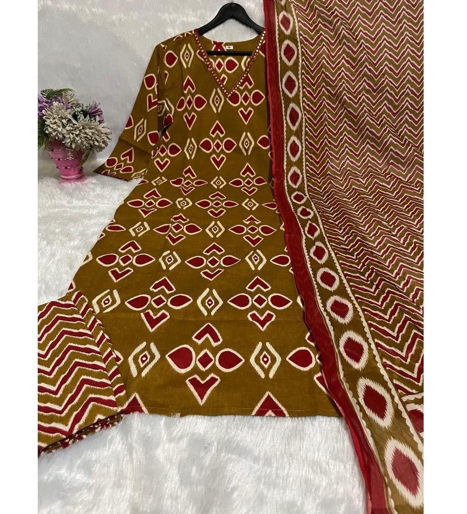 Indian Women Designer Cotton Printed Kurta Pant Duaptta Set Salwar Suit Party Wear Top Tunic