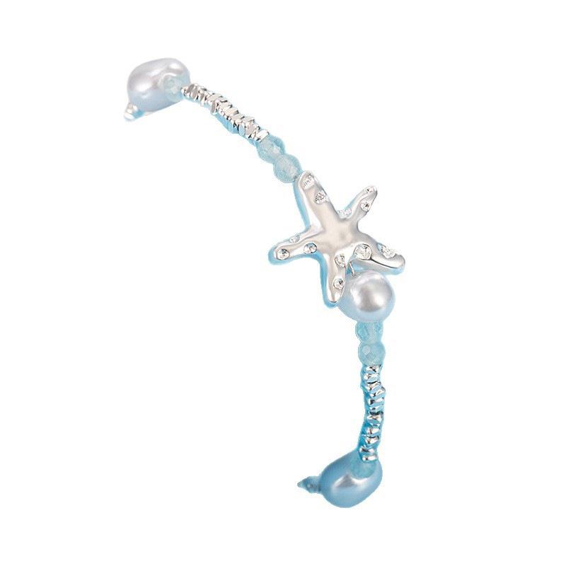 Starfish Beaded Blue Faux Pearl Bracelet - Beach Vacation Jewelry