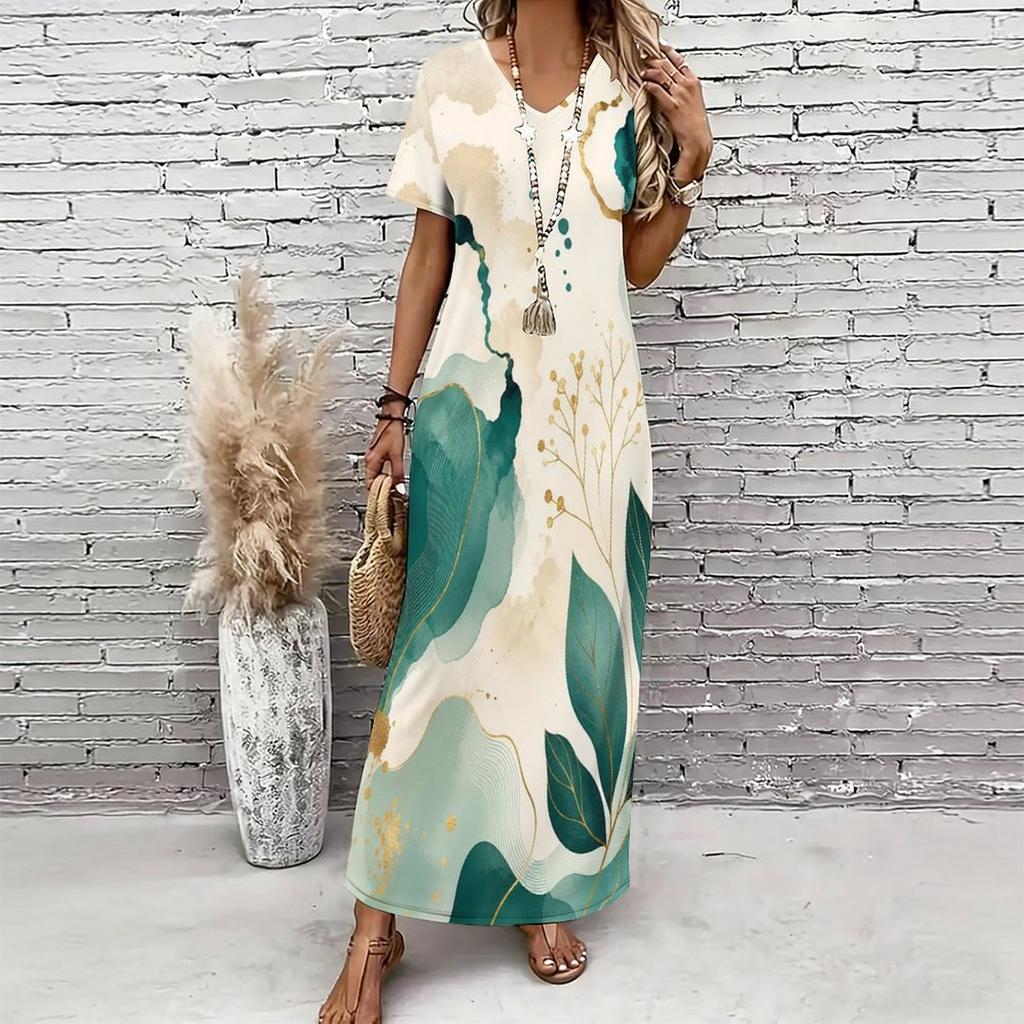Women Plus Size V Neck Short Sleeve Abstract Printed Straight Maxi Dress