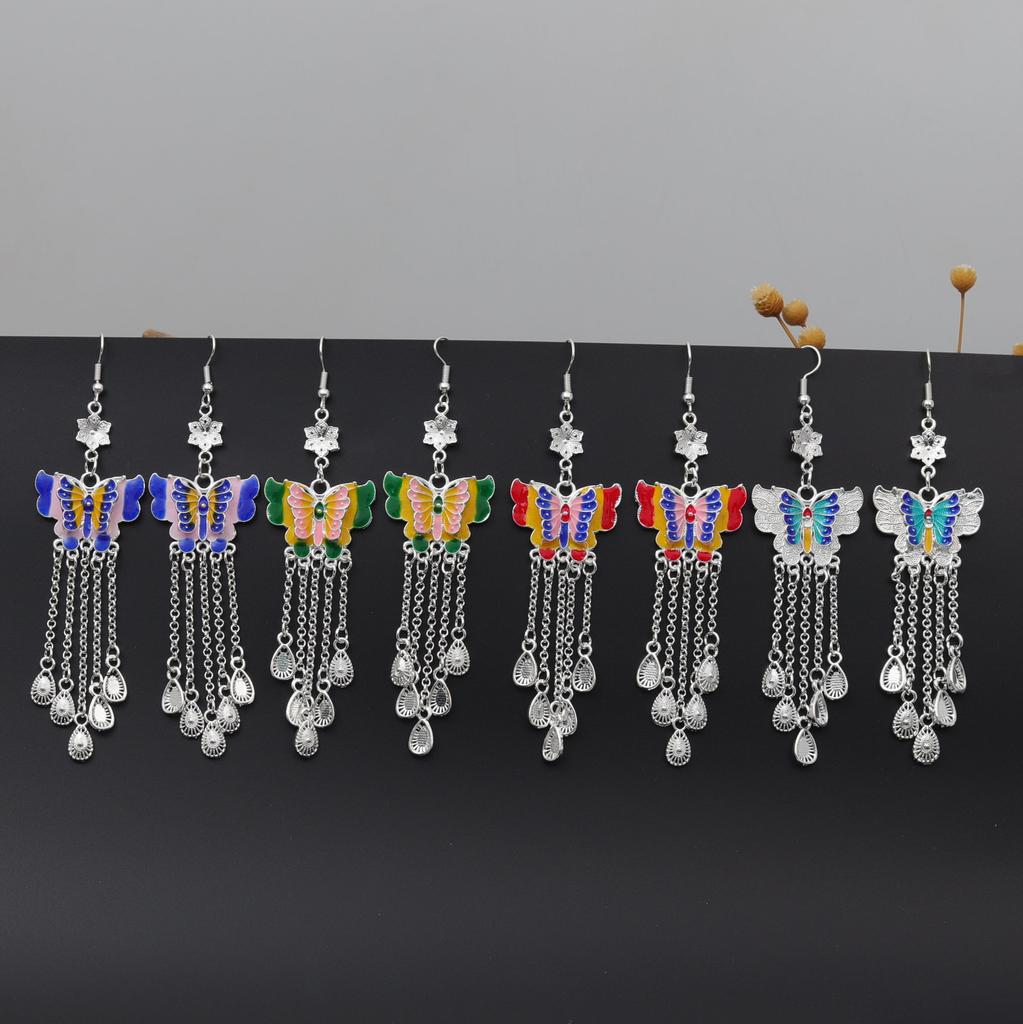 Bohemian Long Fringed Water Drop Earrings Retro Ethnic Style Earrings Women'S Colorful Butterfly Necklace Women'S