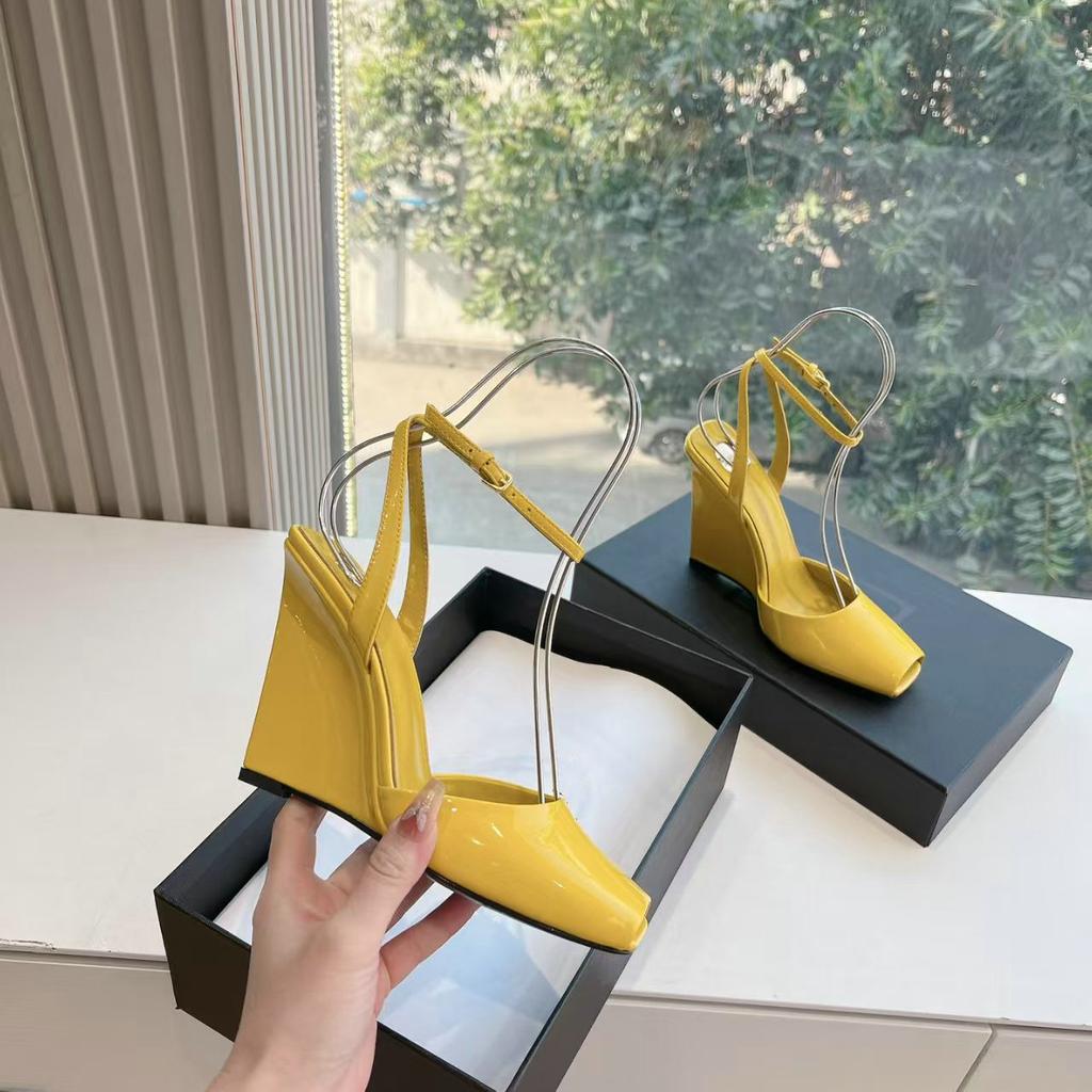 Fashion 2025 Unique Design Square-Toed Patent Leather High-Heeled Chunk-Heeled Women'S Shoes Wedge Heel Fish-Mouth Sandals