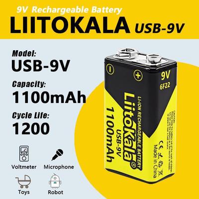 LiitoKala USB-Rechargeable 9V 1100mAh Lithium Battery for Microphones, Toys, Remotes, and KTV 6F22 Devices
