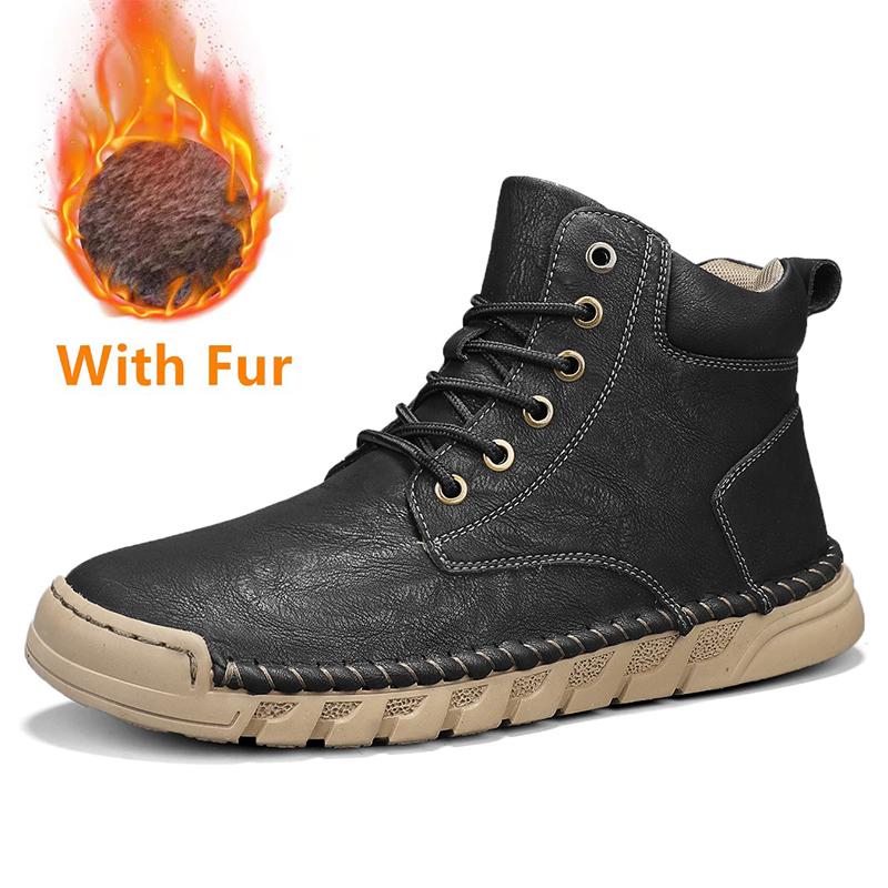 Fashion Casual Leather Men High Top Boots Man Comfy Warm Shoes Fur Winter Snow Casual Shoes Outdoor Platform Ankle Boots Luxury Sneakers