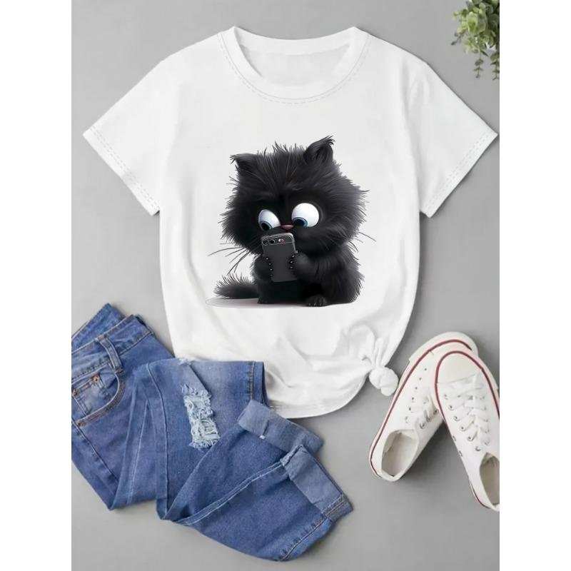 European sizes Cute Cartoon Cat Design for Phone Lovers, Featuring a Printed Round-Neck Short-Sleeve T-Shirt, Perfect for Women'S Wear