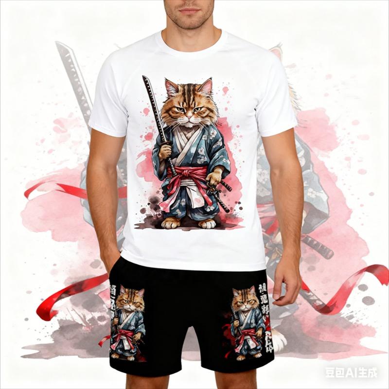 Japanese Harajuku Samurai Sword Cat Print Men s Short Sleeve Set Casual Fashion Summer Oversized Breathable Men Two-piece Suit XXXL 1470₽