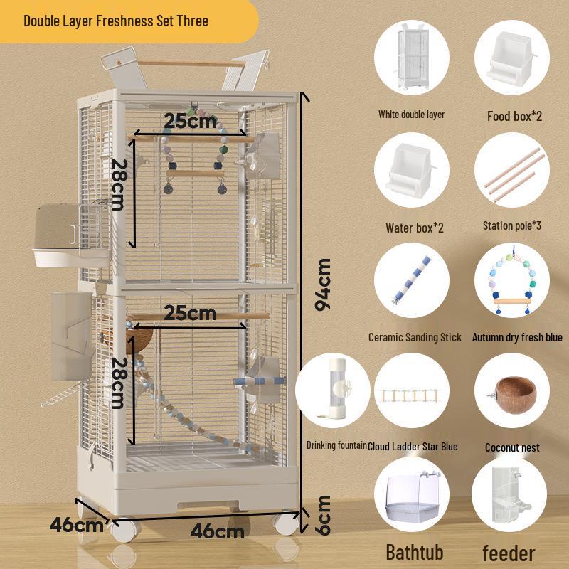 Doppelschichtiger Transparenter Vogelkäfig für Nymphensittiche und Papageien - Groß, Luxuriös, Horizontaler Drahtdesign