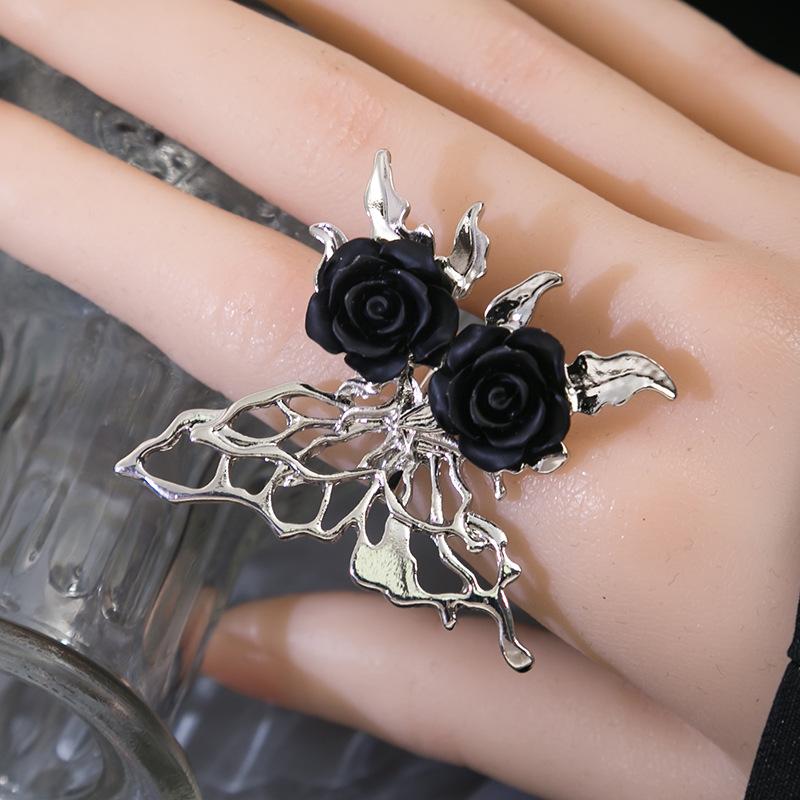 Dark Rose Ring, Fashionable Personality, Live Flower Ring, Cold Temperament, Hollow Butterfly Ring