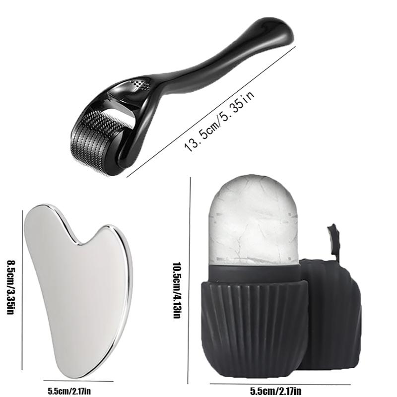 

3-piece facial cleansing tool set, stainless steel heart-shaped scraping board, ice cube facial roller, roller needle