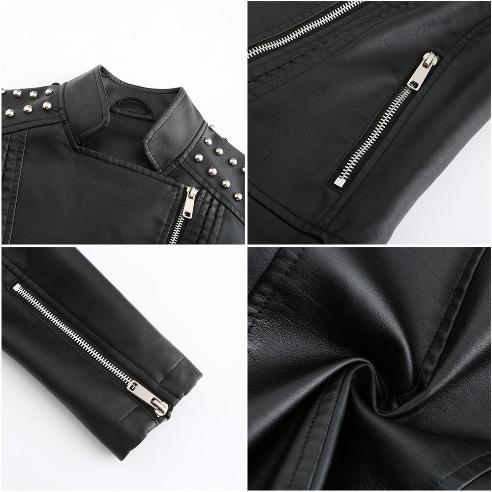 Damen Cool Edgy Nieten Motorrad PU-Lederjacke, Schräger Reißverschluss, Reverskragen, Slim Fit Punk Style Kurze Jacke für Frühling/Herbst