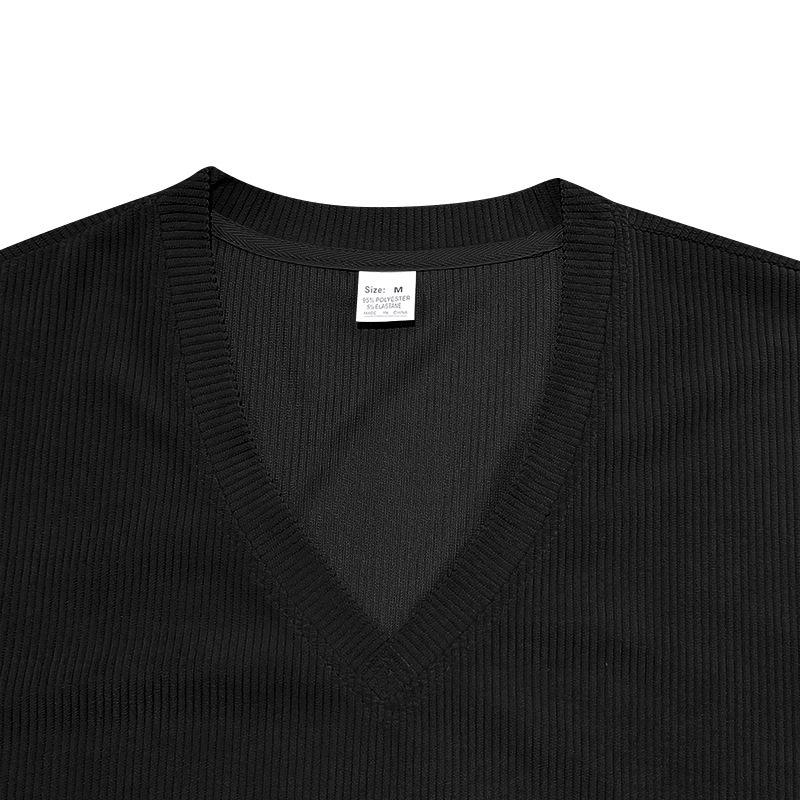 Men's V-neck Slim Fit Corduroy Casual Short Sleeve T-shirt, Solid Color