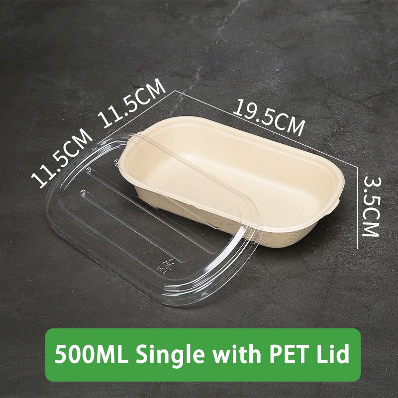 

10/50Pcs Oval Sugarcane Bagasse Boxes Eco-Friendly Biodegradable Food Containers W/Pet Lid 500ml single10PCS