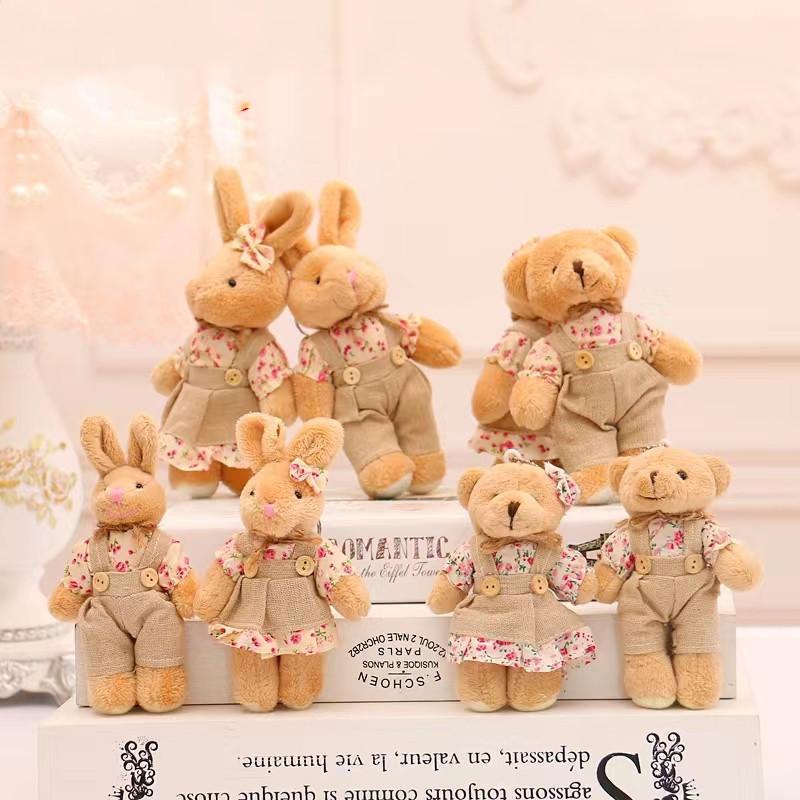 4Pcslot Couple Bear Rabbit Plush Toys Cute Linen Bunny Plush Doll For Girls Key Chain Bag Pendant Children Party Gift Wholesale