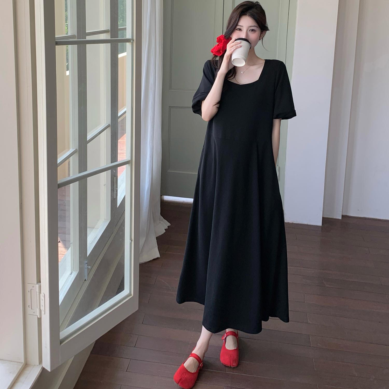 

DIMANAF Women 2025 Plus Size Solid Dress Summer Vintage Dress Basic Long Casual Loose Black Dress Maxi 3XL чёрный