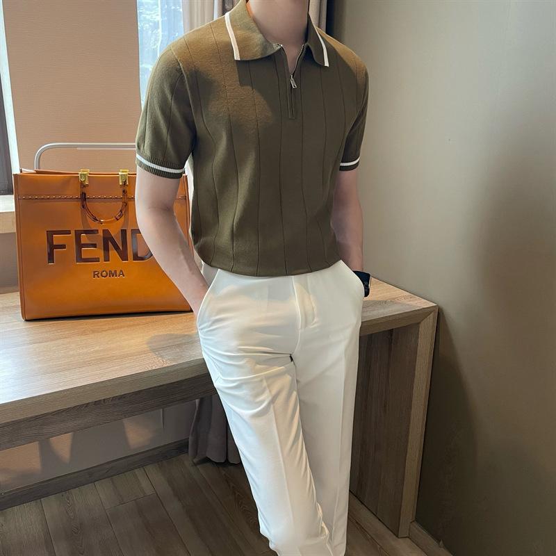 

Повседневная мужская футболка-поло с полумолнией корейского кроя, с коротким рукавом, приталенная, высококачественный вязаный свитер с лацканами для зрелых мужчин 2XL зелёный