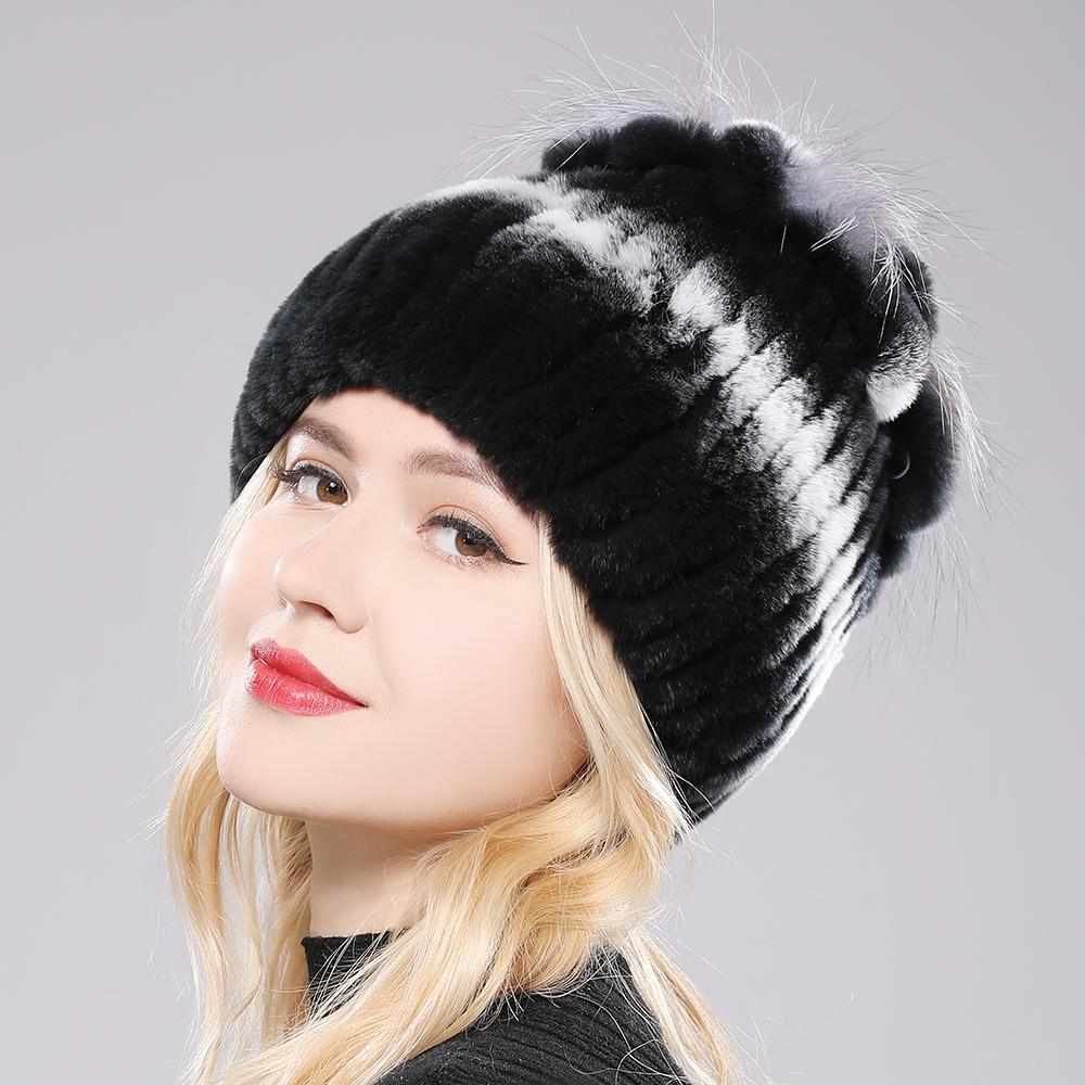Căciulă Pufoasă de Iarnă din Blană Naturală Blană Naturală de Iepure Rex Căciulă Caldă Tricotată pentru Doamne Căciuli 100% din Blană Autentică
