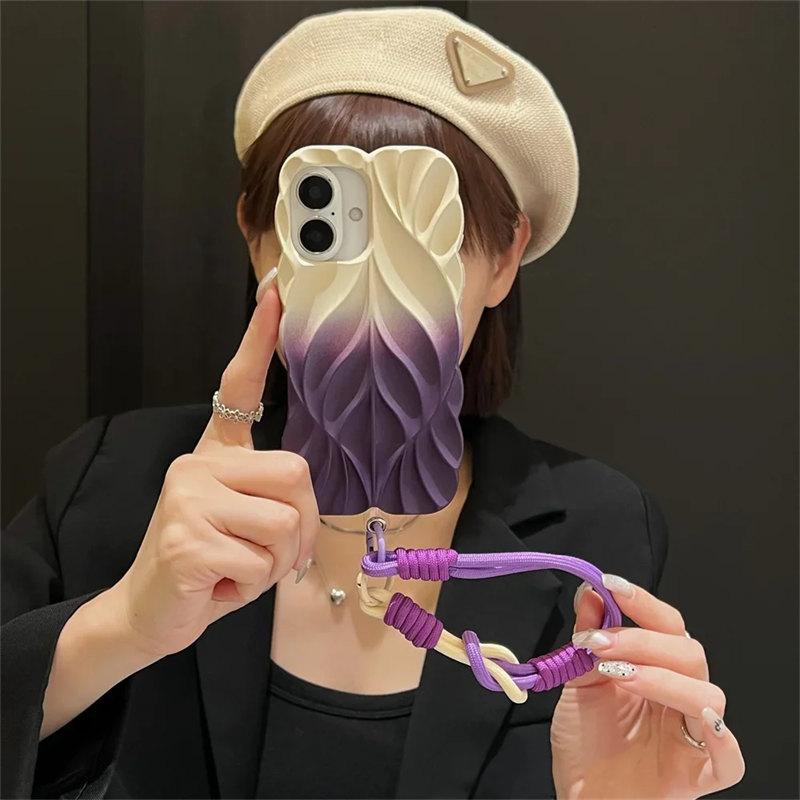 Gradient Pleated Leaf Texture Phone Case with Wrist Strap for iPhone 16 Pro Max 15 14 Plus 13 Shockproof Protectiv Back Cover