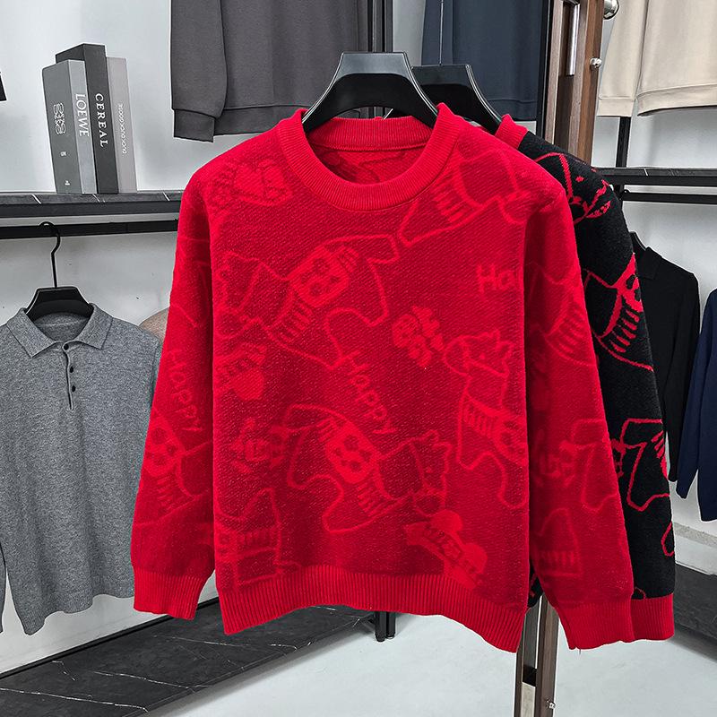 

2025 Men s Winter Fashion Round Neck Knit Sweater – Thick, Warm, Casual Long Sleeve Base Layer 4XL (185-205 jin) червоний