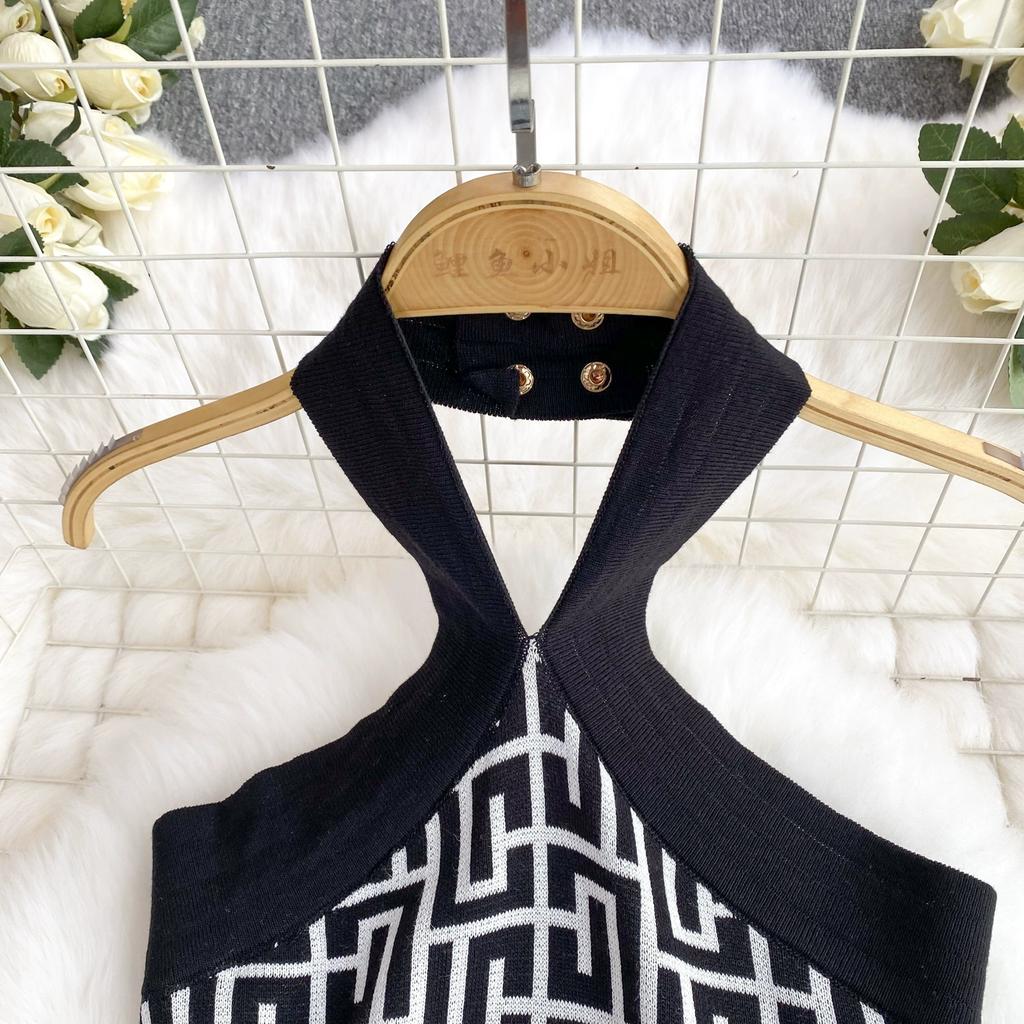 Sommer Frauen Marke Designer Sexy Halter Mini Kurze Strick Pullover Mantel Club Party Kleider