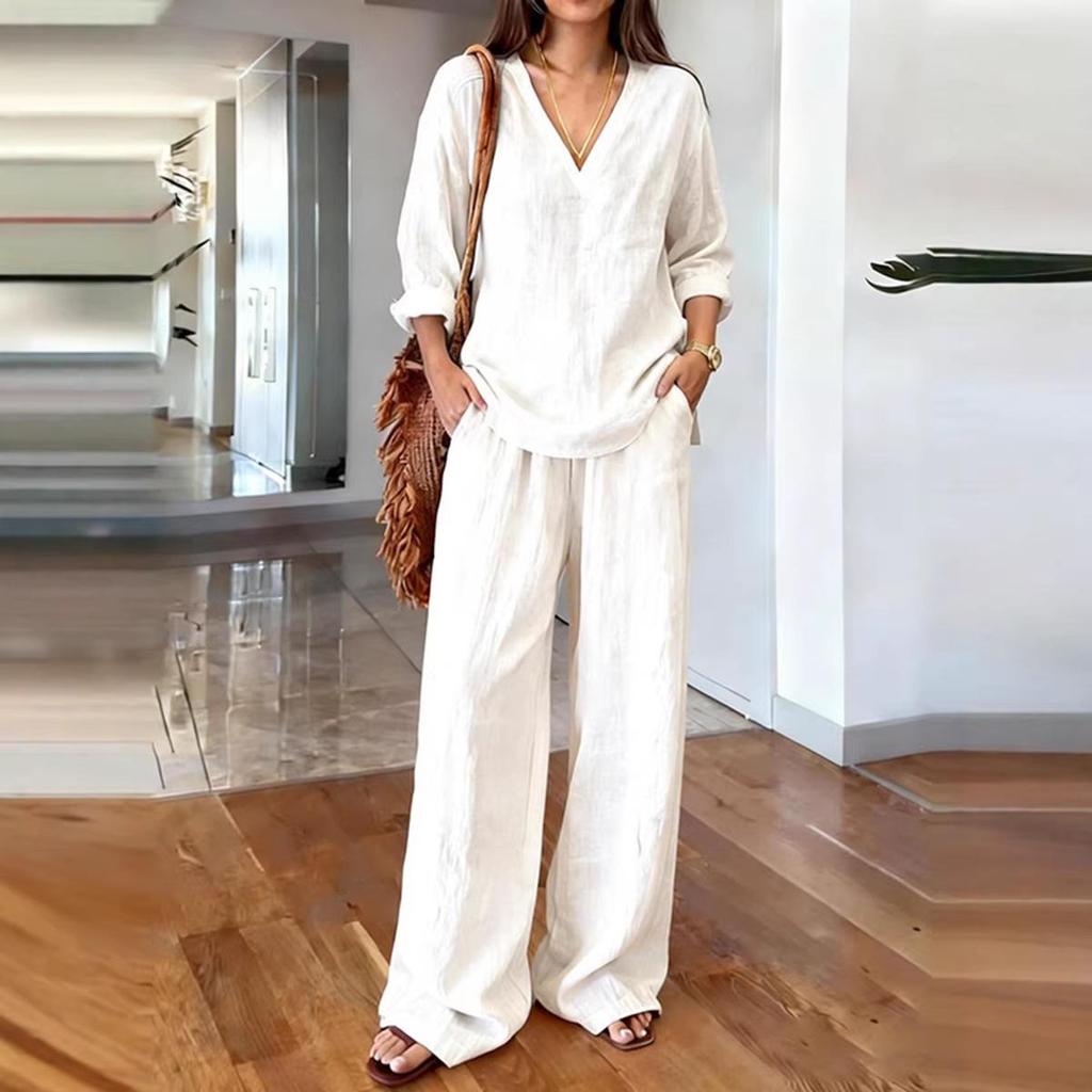 2026 Spring European & American Women's Fashion Casual Two-Piece Set: Top & Wide-Leg Pants.