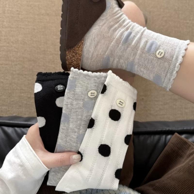 Female Summer Mesh Breathable Wave Point No Bone Hollow Button In The Tube Cotton Socks
