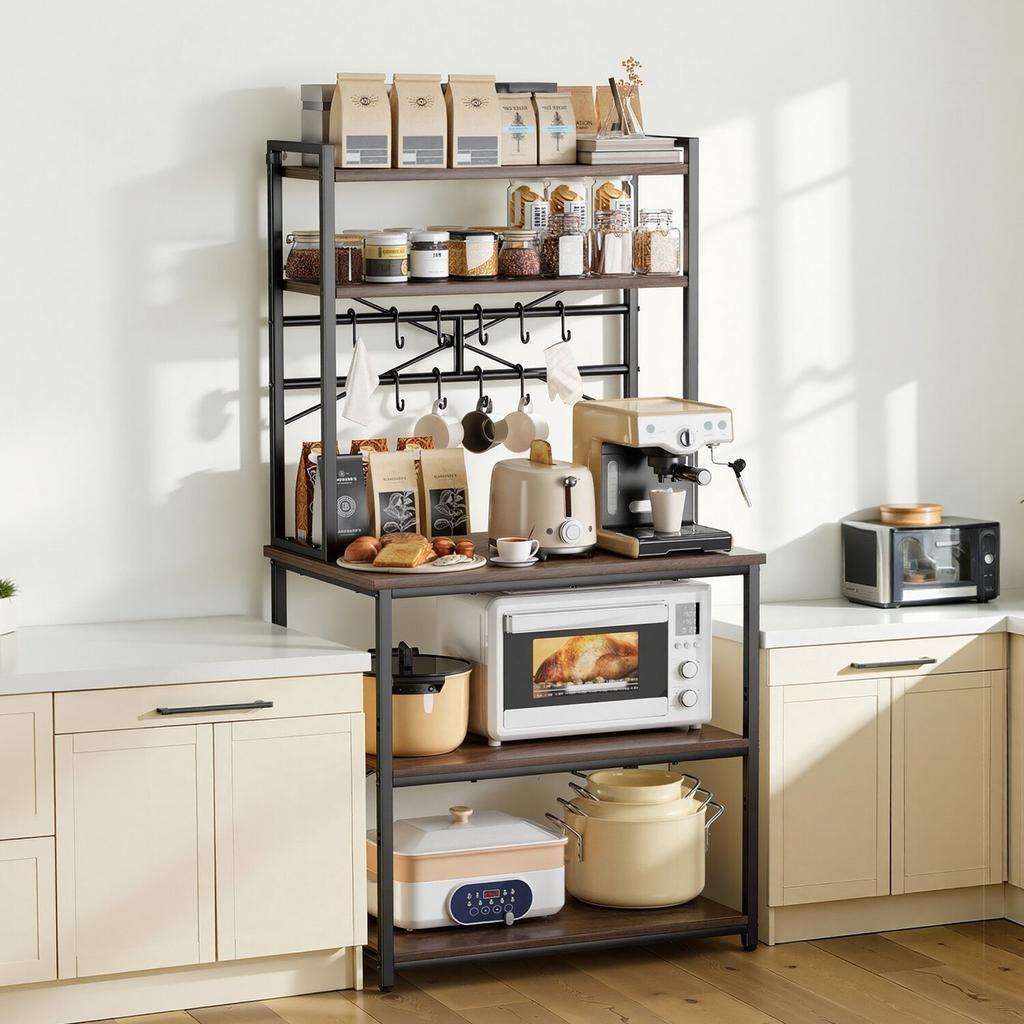 Kitchen Bakers Rack, 800 Mm Width Bakers Rack, Kitchen Stand with X-Shaped Support Bar, 12 S-Shaped Hooks, Double-Layer Top Shelf, Coffee Bar Stand