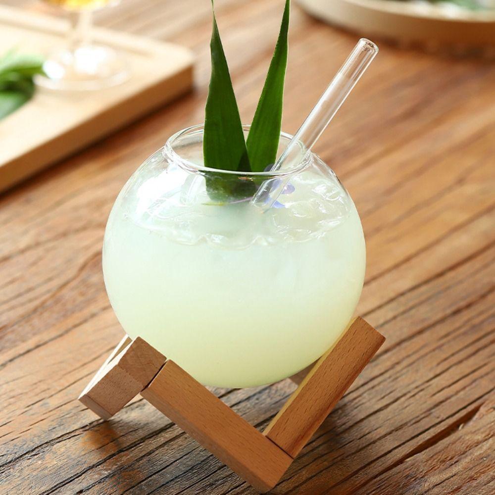 with Wood Stand Spherical Cocktail Glass Cup Ronud Ball Shaped Transparent Juice Tumbler with Straw Drink Cup Gift