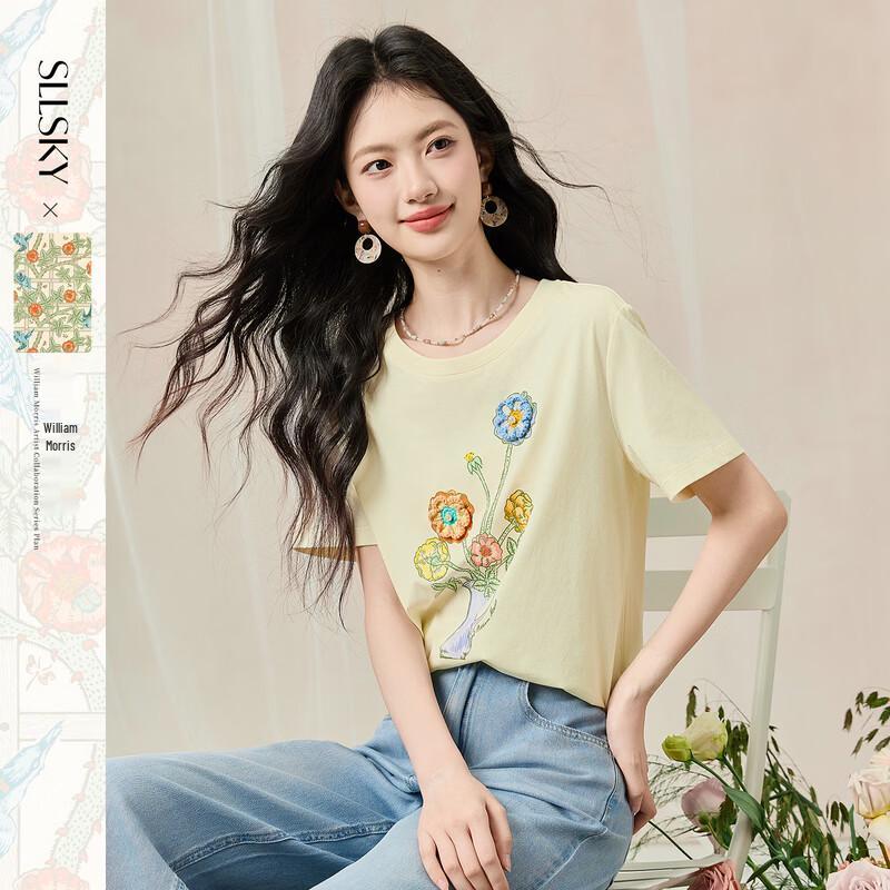 Sllsky Handmade Crocheted Floral Print T-Shirt S