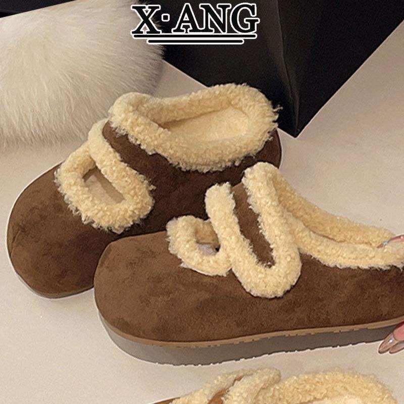 Cowhide thick-soled women's outer wear bag head cotton slippers autumn and winter new velvet warm lamb wool shoes