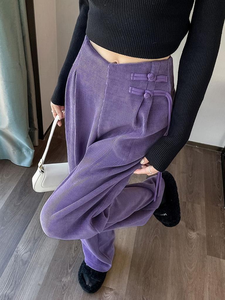 Meilade Autumn Winter Chinese Style Pao Kuao Fleece-Lined Sherniel Wide Leg Pants Women High Waist Drop Crotch Straight Leg Casual Trousers