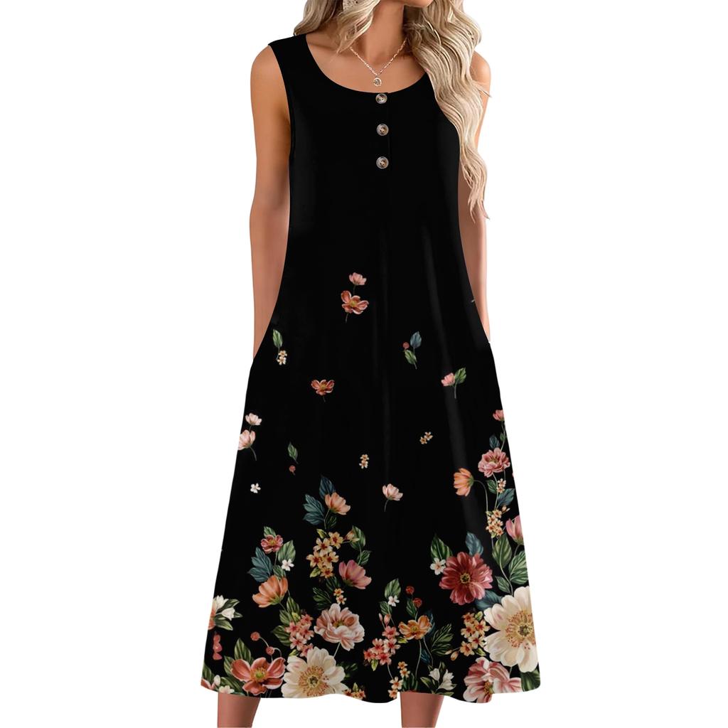 Women's Fashion Casual Sleeveless Button Floral Print Dress with Pocket