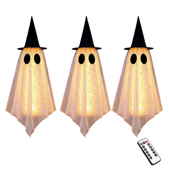Lighted Floating Ghosts for Outdoor 3 Pcs Halloween Hanging Ghost Decoration, Spooky Large Mesh Garden Haunted House Accessories with Witch Hat Porch,