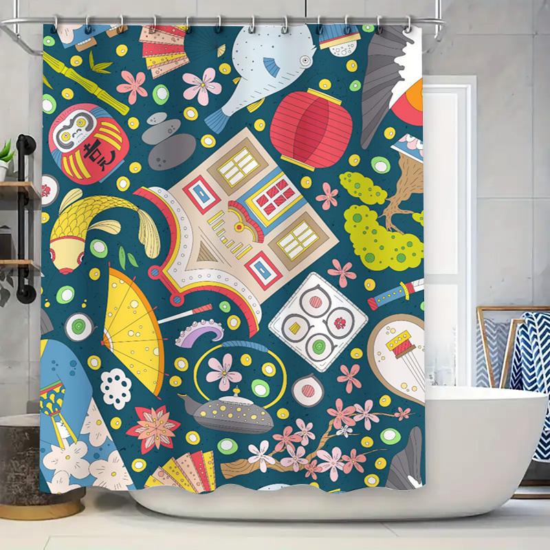 

Decorate Your Bathroom With This Vibrant Shower Curtain Featuring A Fun Mix Of Japanese Elements Like Koi Fish, Sushi, And Lucky W60H190(CM)-1 Pcs