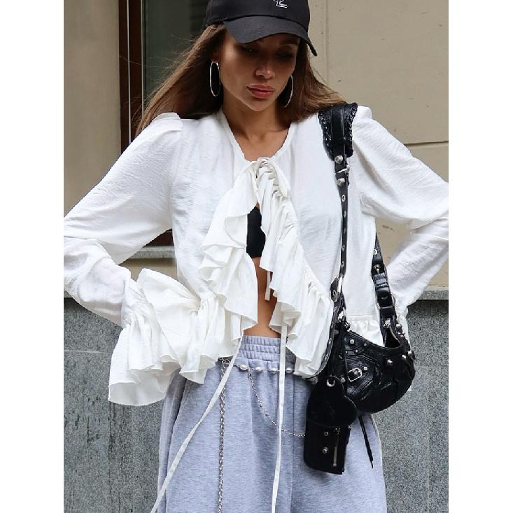 Solid Lace Up Design Shirts For Women V Neck Long Sleeve Patchwork Irregular Ruffled Short Blouse Female Fashion