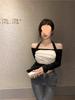 Autumn Chic Halterneck Mesh Patchwork One-Shoulder Top 