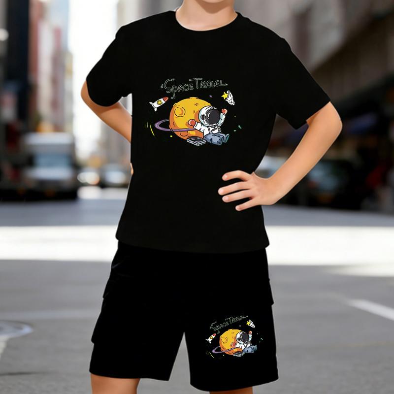 

Boys 2 Piece Cute astronaut printed outfit, Short Sleeve T-Shirt and Shorts Set for Kids Age 5-14,White, Black Sporty Casual Summer Clothes 5-6 Years чёрный