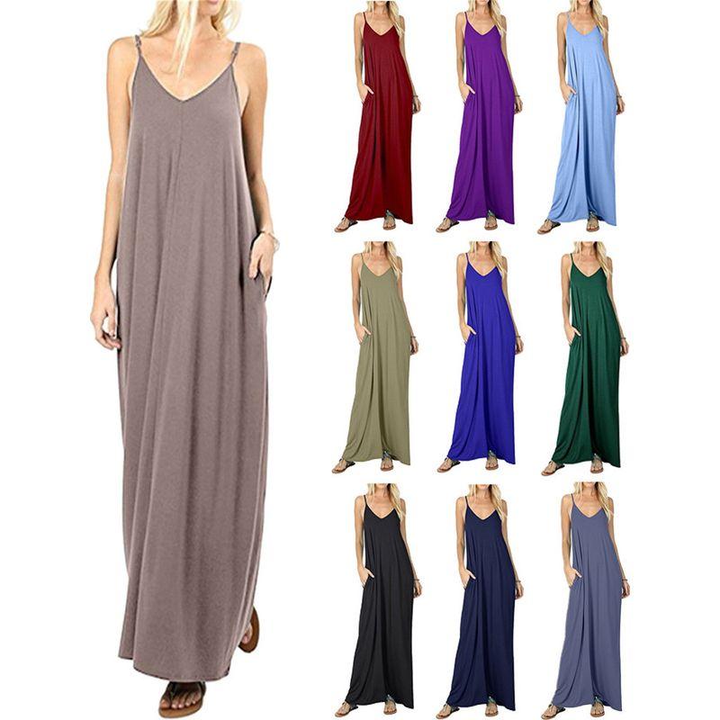 Women's Solid Color Loose Pocket Long Skirt Pure Color Loose Pockets Long Dress