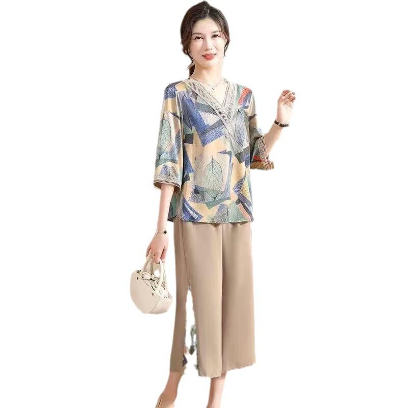 Slimming Mommy Style Short Sleeve Two-Piece Set Fashionable And Elegant for Middle-Aged And Elderly Women Meat Concealing T-Shir