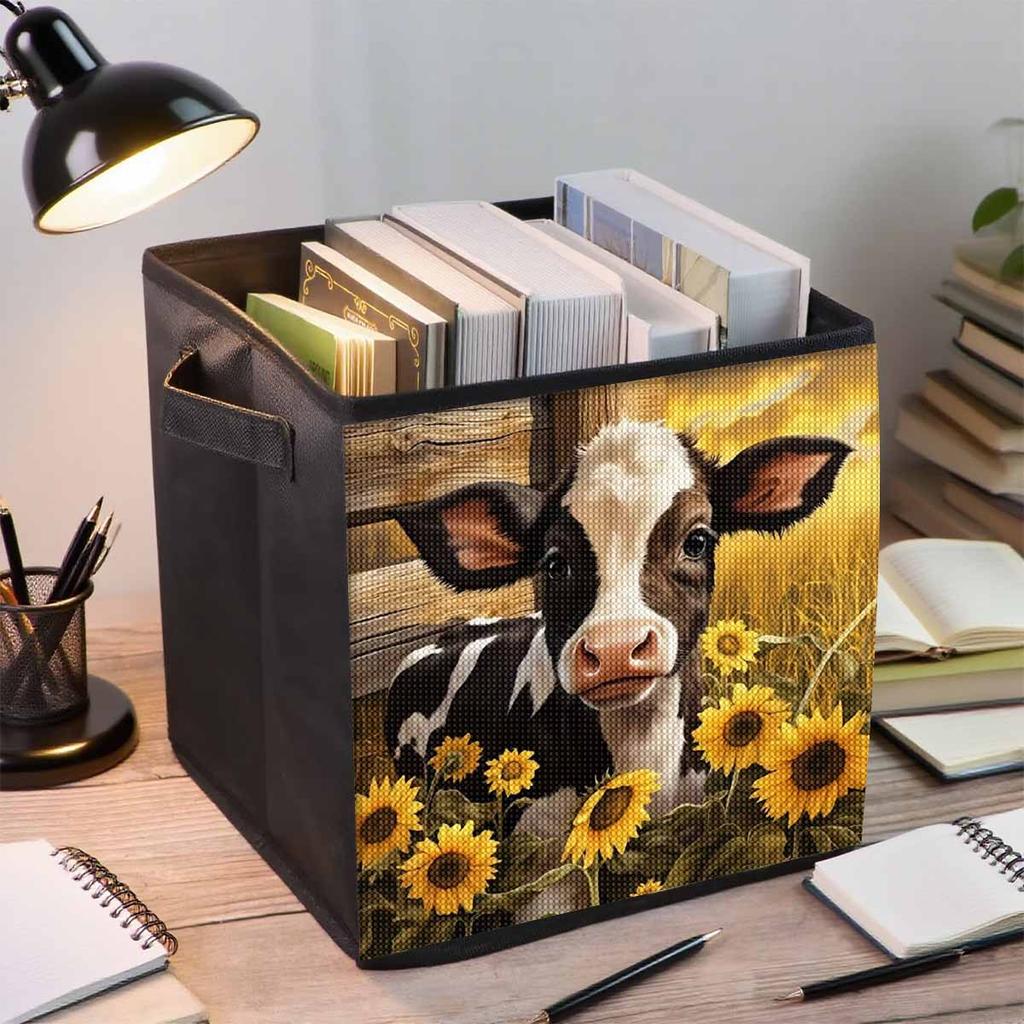 Blumen und Kühe 5D Diamantmalerei Aufbewahrungskorb Voll Runde Bohrer Mosaik Diamantstickerei Kreuzstich-Sets Heimdekor Heimdekor