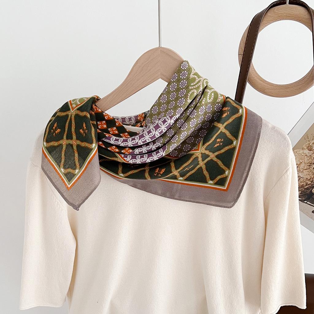 Vintage Geometric Herringbone Silk Cotton Small Square Scarf Women's Autumn Fashion Decoration Suit Scarf Headband Bag Silk Scarf