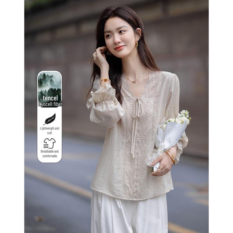 DEMANA Eco-friendly Lyocell V-neck Lace Bow Blouse XL